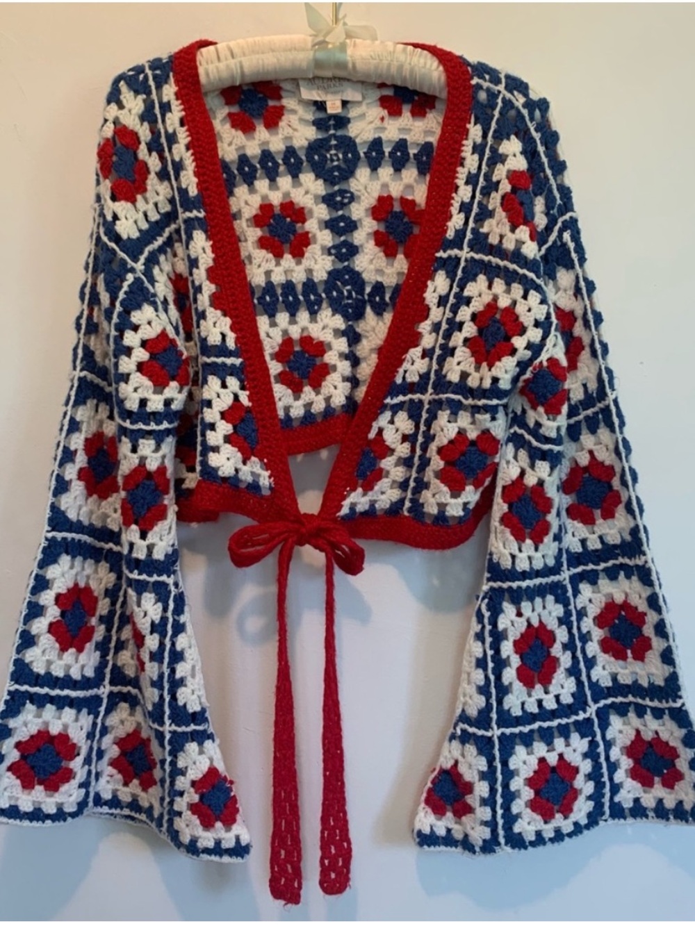 Francesco’s red white and blue square crochet sweater